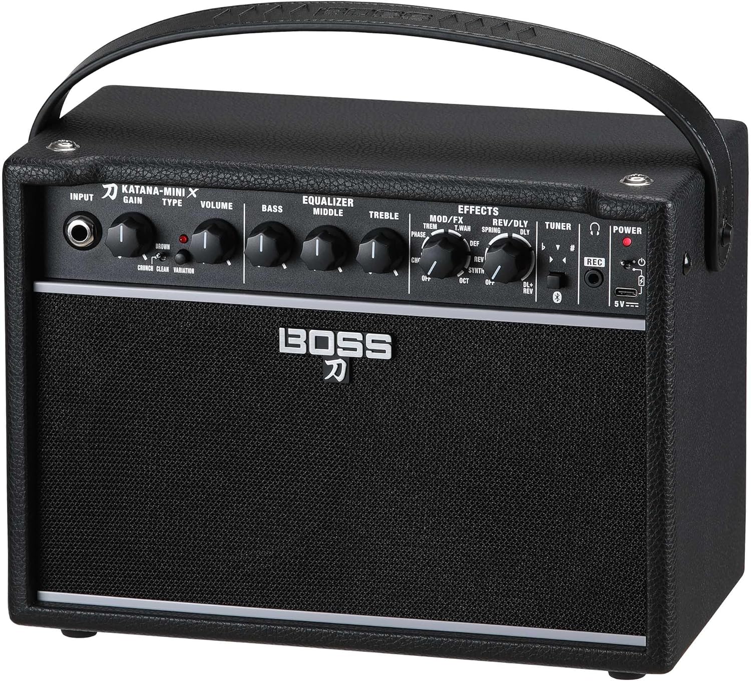 Boss Katana-Mini X 10-Watt 1x5-Inch Portable Guitar Amplifier Bundle with Gearlux Power Supply, Instrument Cable, Austin Bazaar Exclusive 24-Pack Picks, and Polishing Cloth