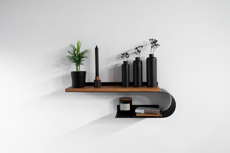 Wall Mount Handmade Wall Shelf from Oak and Metal, Wooden Shelf with Metal Rail for Home Storage and Organization, Wandregal Eiche Metall