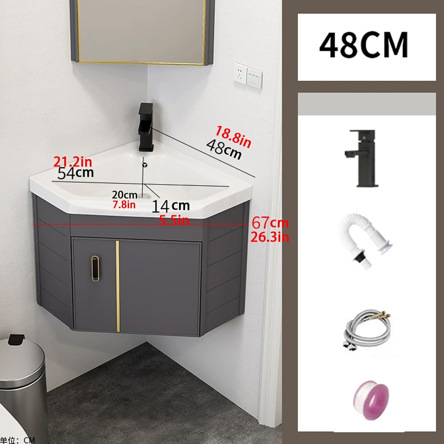 Corner Bathroom Sink, Triangle Wall Mount Corner Bathroom Vanity, Ceramic Wash Basin with Storage Container, Bathroom Sink Cabinets for Small Spaces(48cm/18.8in)