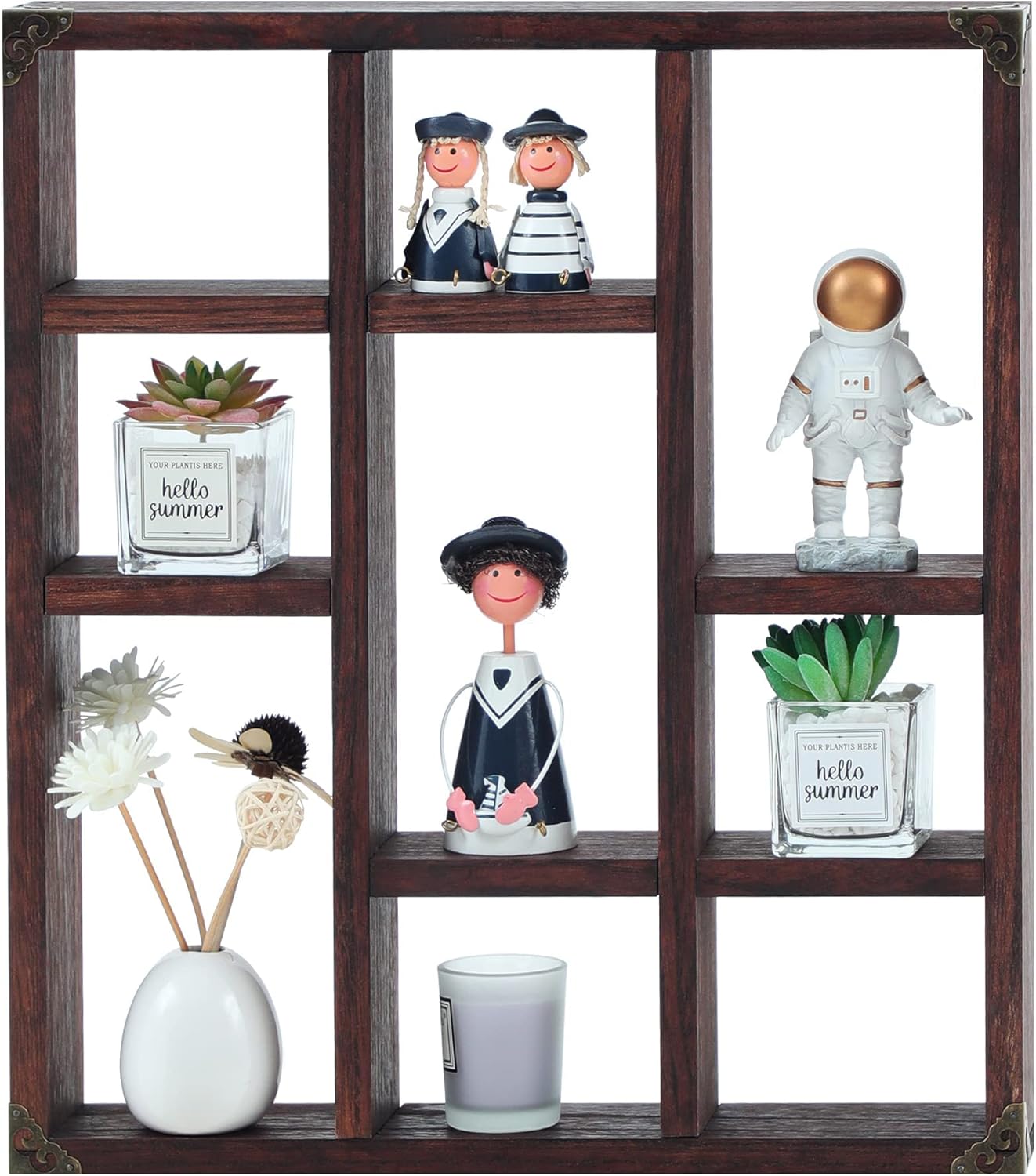 FIRMINANA Rustic Shadow Box Shelf,17.7x15.7-Inch Wall-Mounted (Vertical or Horizontal),9-Slot Rustic Wood Floating Shelves,Lightweight Solid Wood Display Shelf for Shot Glass (Walnut)