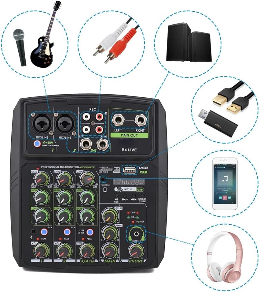 4-Channel Audio Mixer Mixing Console LED Screen Built-in Soundcard USB BT Connection with 2-Band EQ Gain Delay