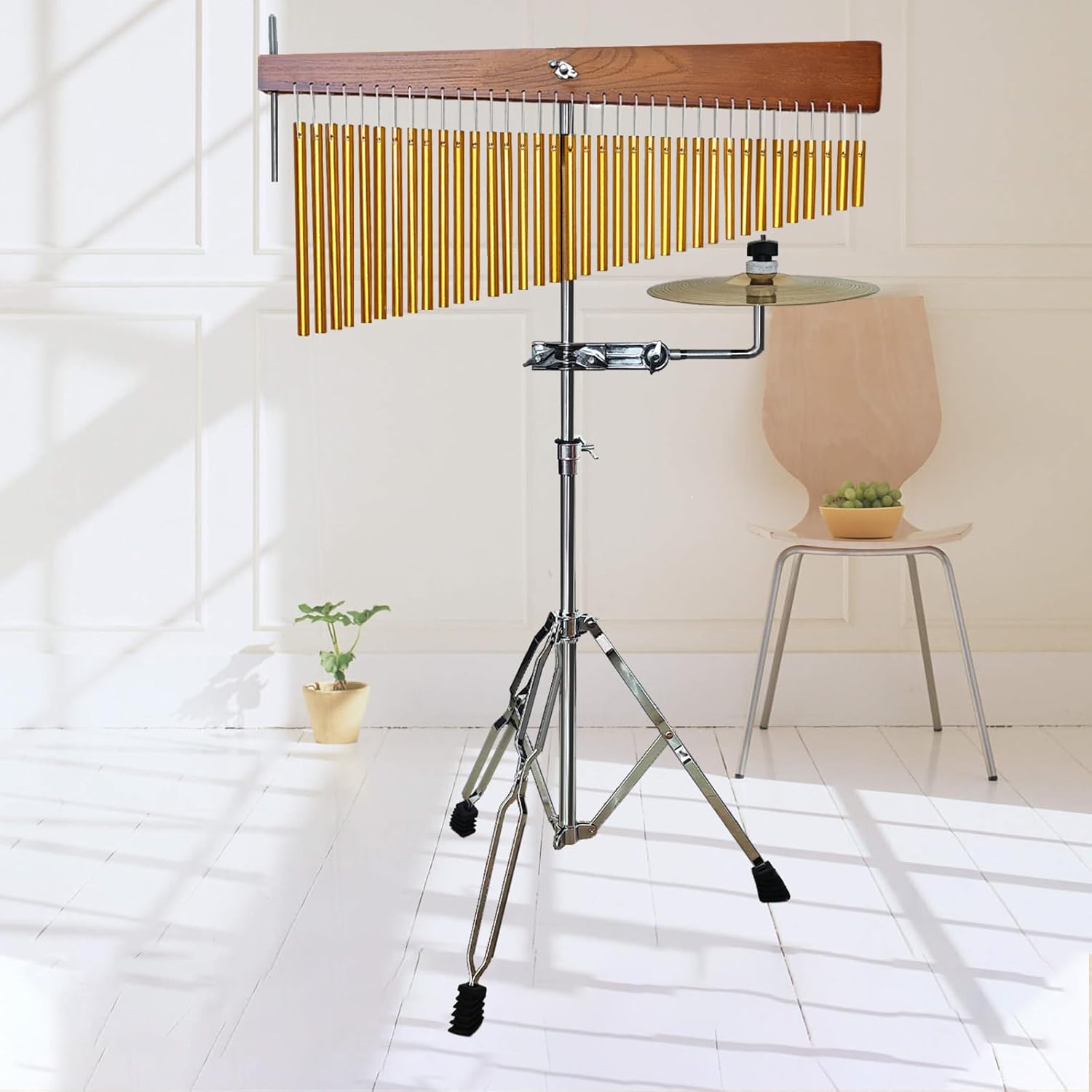 Adjustable Height Wind Chime Single-row Percussion Chime wtih Collapsible Tripod Stand Bar Chime for Class Yoga (36 Note Chime with Cymbals)