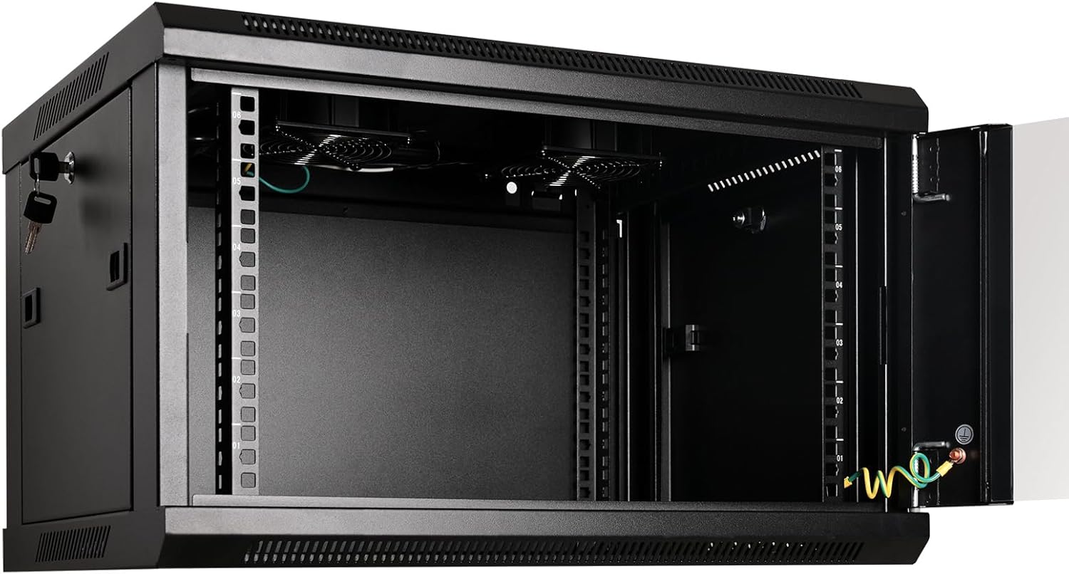 RackPath 6U Professional Wall Mount Server Cabinet Network Rack Enclosure with 2X Quiet Cooling Fan, 1x Brush Cable Management Panel, Black