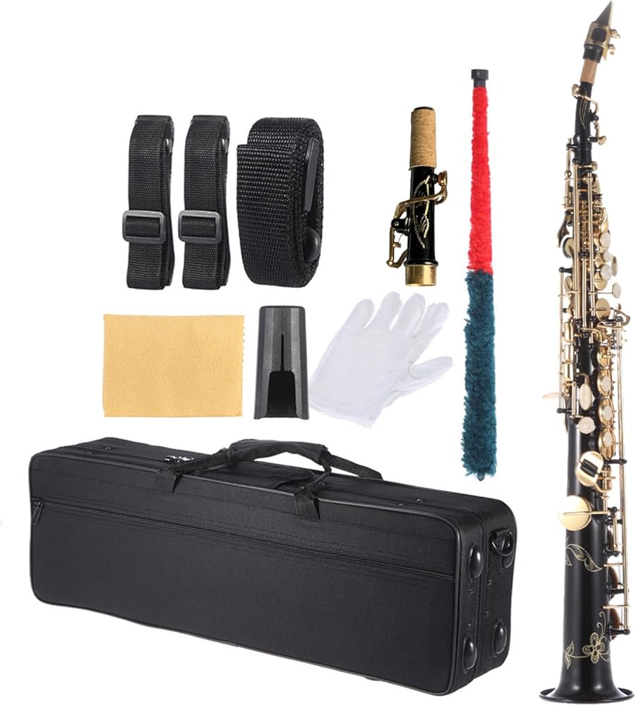 Brass Straight Soprano Sax Saxophone Bb B Flat Woodwind Instrument Natural Shell Key Carve Pattern with Carrying Case Gloves Cleaning Cloth Straps Cleaning Rod