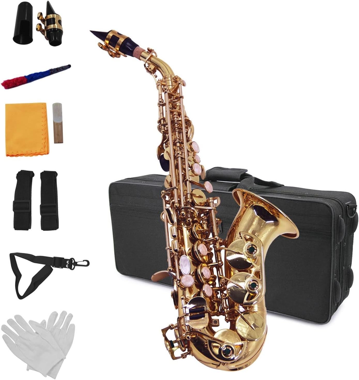 KESHUO Bb Saxophone Brass Lacquered Woodwind Instrument with Carrying Case Reed Cleaning Brush Cloth Gloves Straps Brass Sax Beginners Kit