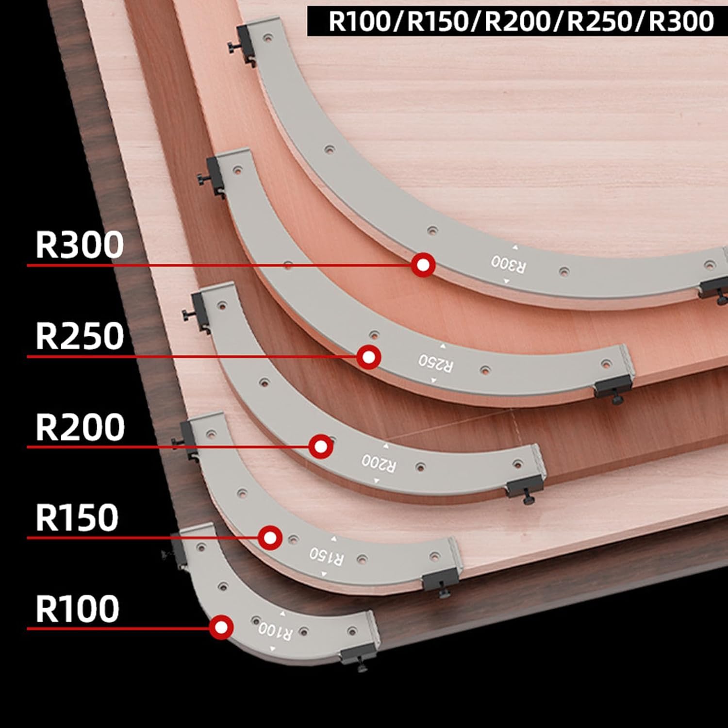 5PCS Woodworking Round Corner Radius Templates, R100, R150, R200, R250, R300, Router Radius Jigs for Woodworking, Plastic Material, Inside Outside Corner Radius Routing Templates