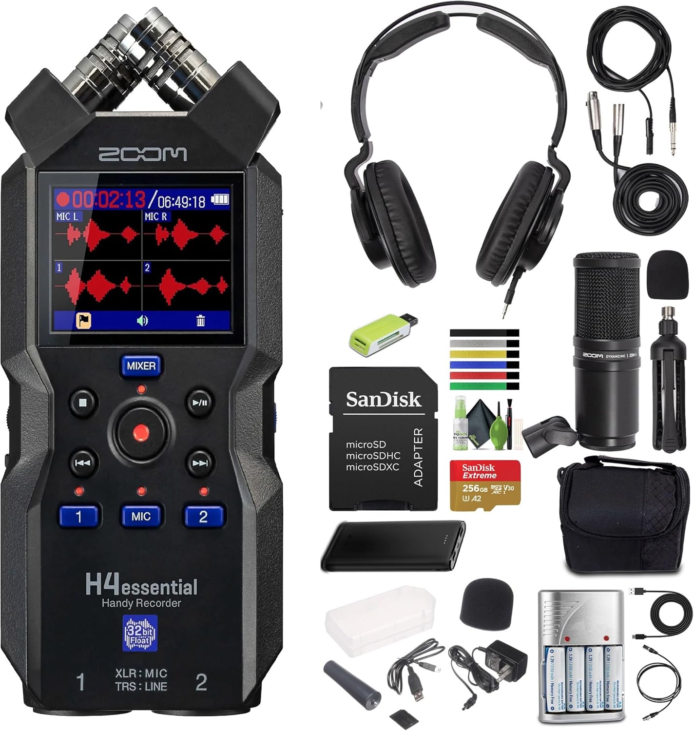 Zoom H4essential 4-Track 32-Bit Float Portable Audio Recorder + Zoom ZDM-1 Podcast Mic Pack + P- Bank Battery + USB Card Reader, SD/microSD + 10ft USB Type A to USB Type C cable - Black + More