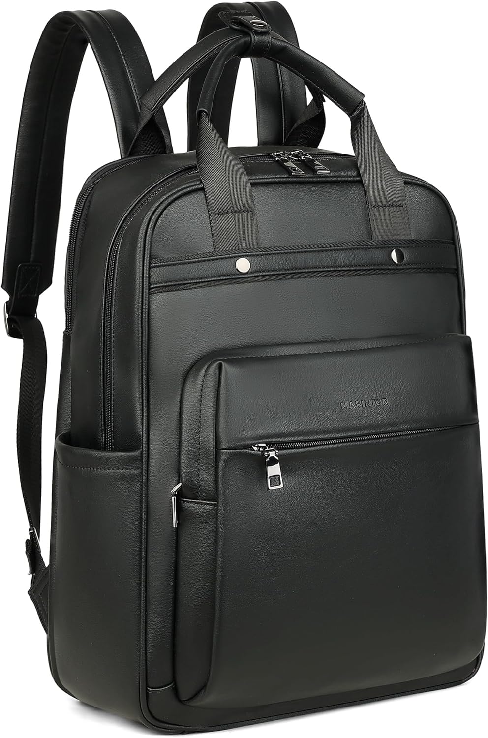 MASINTOR Leather Laptop Backpack for Women, Stylish Computer Backpack College Business Work Shoulder Bags Work and Travel Black