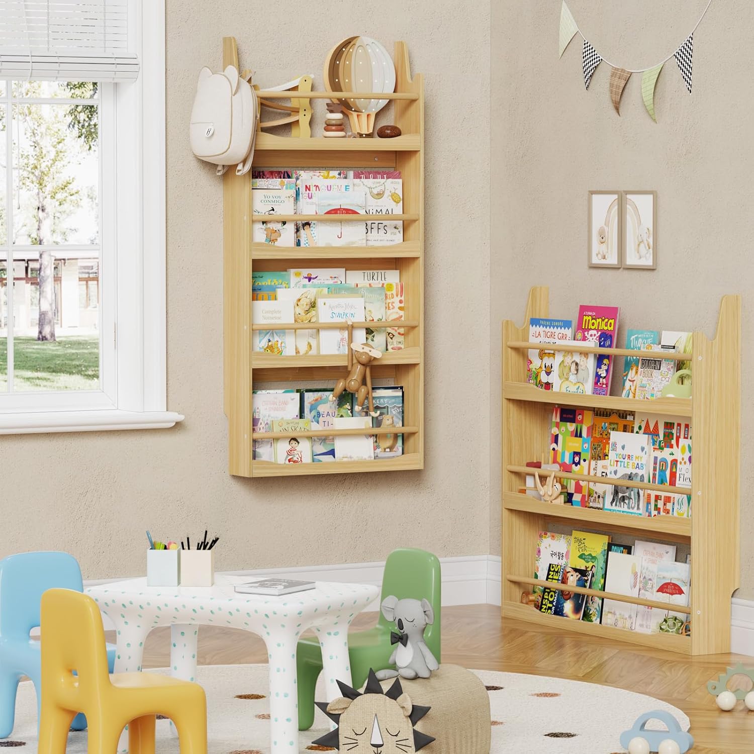 Lkeiyay Kids Bookshelf,3 Tier Wall Mount Kids Book Shelf,Space-Saving Wall Mount Narrow Bookshelf(Natural)