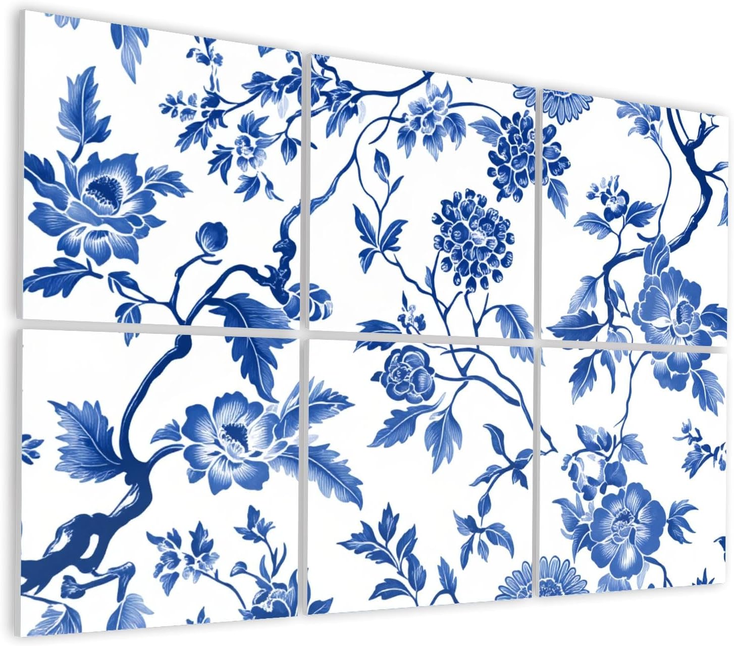 6 Pack Art Acoustic Panels Self Adhesive Seamless branches flowers chinoiserie style Japanese blue ceramic Decorative Soundproof Wall Panels Sound Absorbing Panel 48