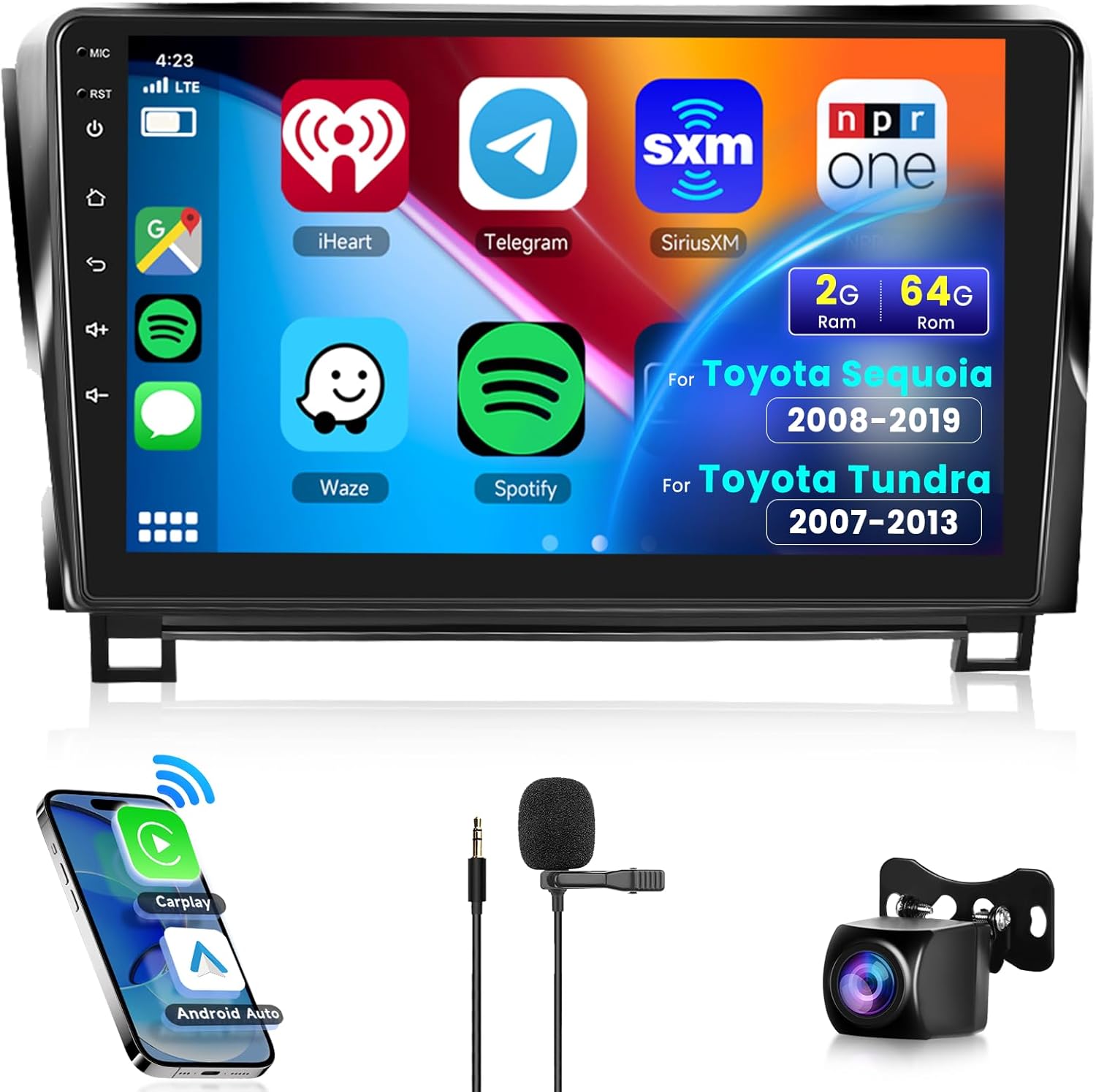 2G+64G Android Car Stereo for Toyota Sequoia 2008-2019/for Toyota Tundra 2007-2013 with Wireless Carplay Android Auto, 10.1 Inch Touch Screen Car Radio, Bluetooth/GPS/WiFi/HiFi Audio/USB+HD Camera