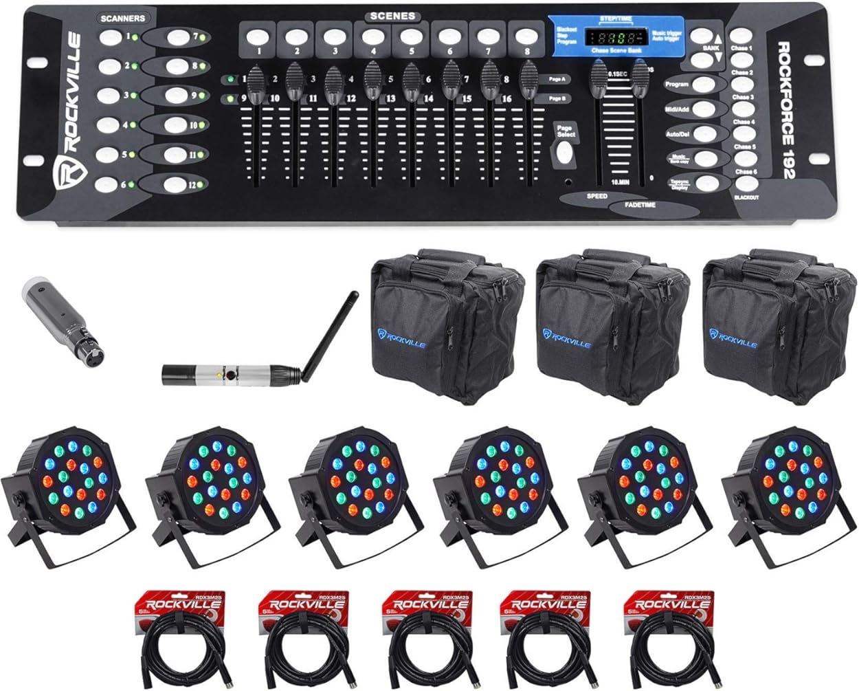 Rockville ROCKFORCE 192 Bundle: 192-Channel DMX Controller, DMX-WTR Transmitter, DMX-WRE Receiver 9Hr Battery, (6) RockPAR50 Par Can Dual-Bracket, (3) RLB90 Bag, (5) RDX3M25 25-ft Cable, 17-Items