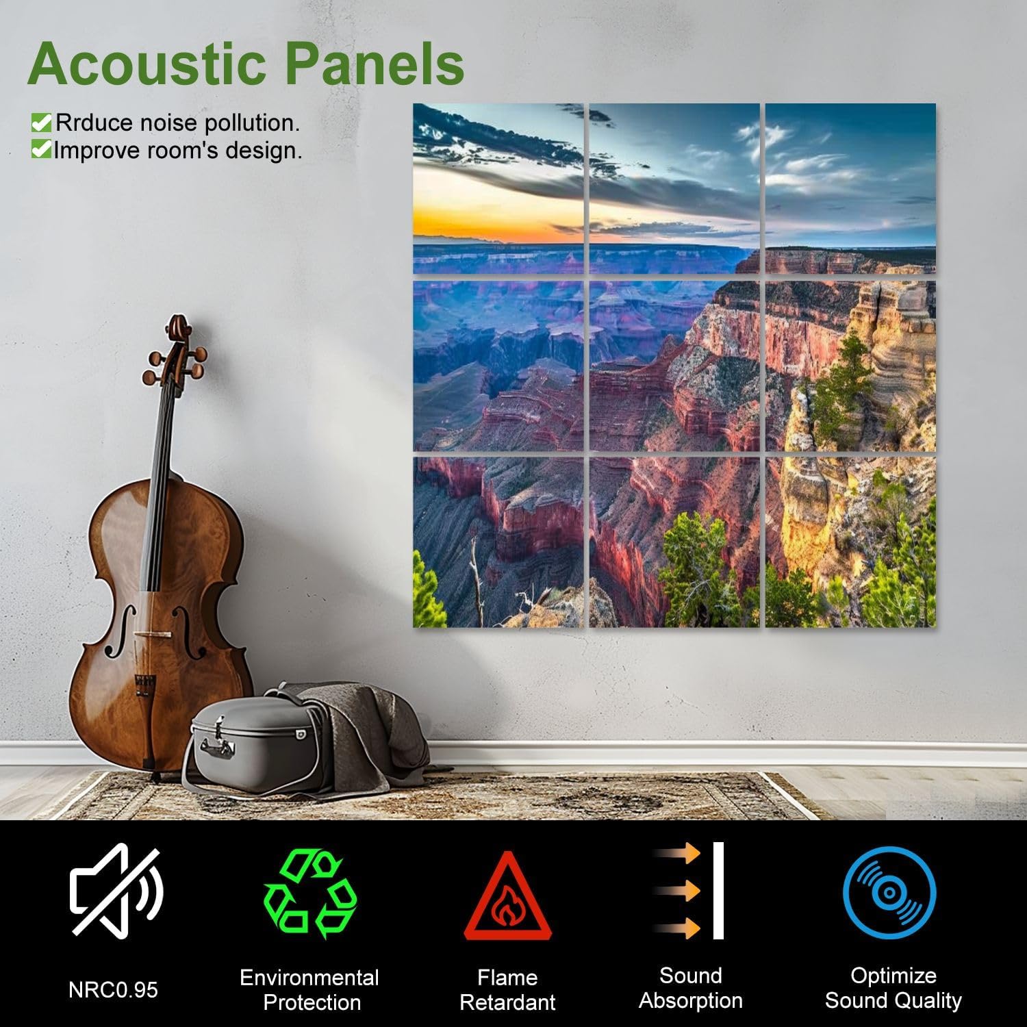 Art Acoustic Panels Self Adhesive Grand Canyon dusk from south 9 Packs Decorative Soundproof Wall Panels Large Sound Absorbing Panels for Home Office 60