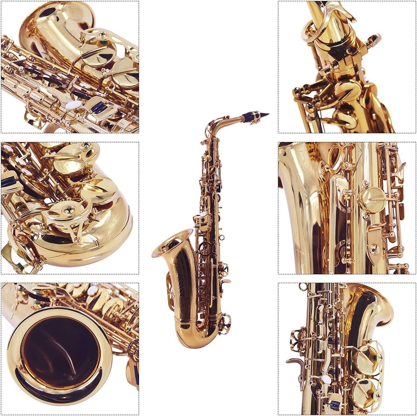 EB Alto Saxophone Sax Brass Lacquered Gold 802 Key Woodwind Instrument with Carrying Case Reed Cleaning Cloth Student Saxophone