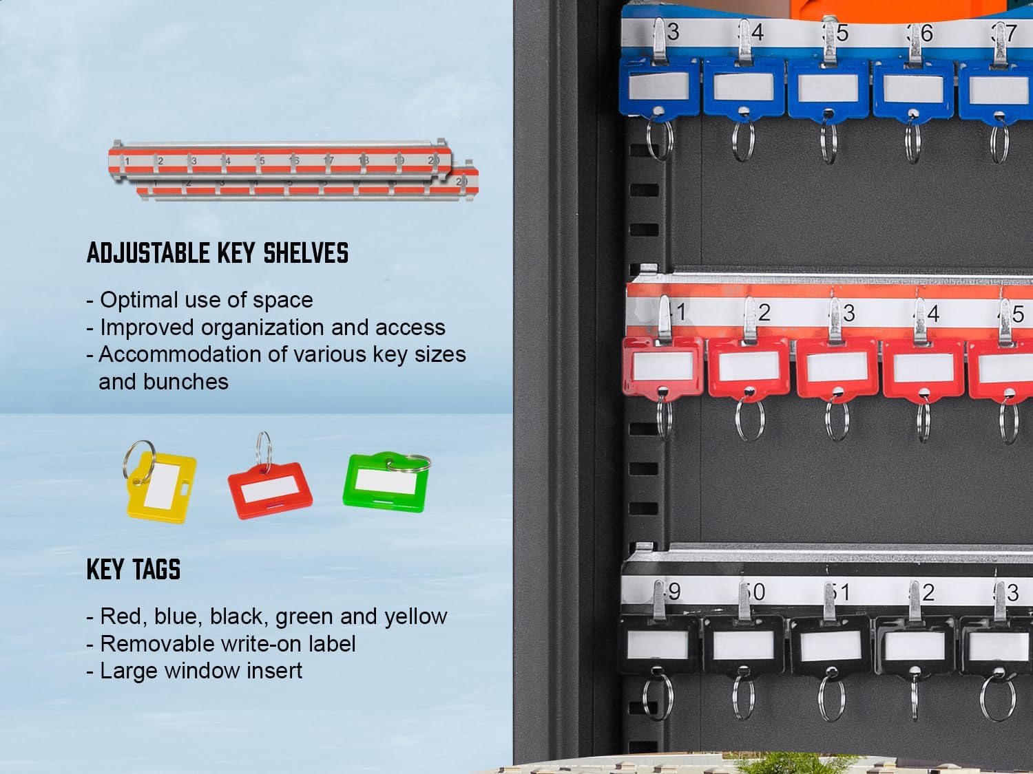 Barska 64 Position Key Lock Box – Wall Mount Steel Key Cabinet with Numbered Hooks, Index Log, Colored Key Tags for Home or Office