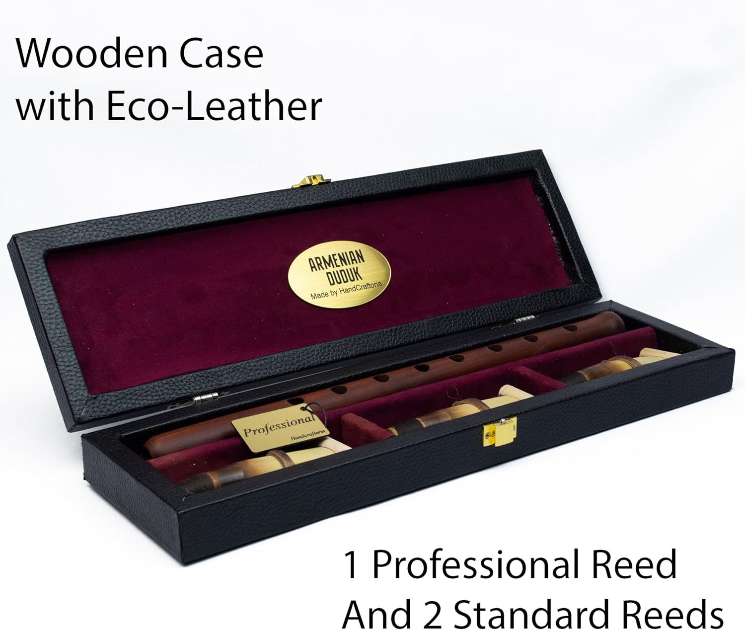 HandCraftoria Professional Armenian DUDUK instrument from apricot wood, wooden case covered with leather, 1 professional reed and 2 standard, Flute Oboe Balaban Woodwind (Key A)