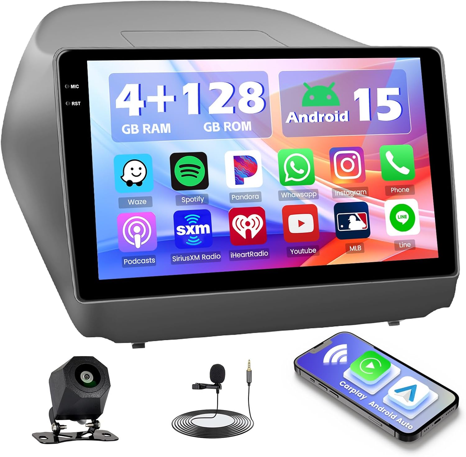 Hikity 4+128G Android 15 Car Stereo for Hyundai Tucson IX35 2010-2015, 10.1” Touchscreen Radio with CarPlay, Android Auto, GPS Navigation, WiFi, Bluetooth, DSP, FM, RDS + AHD Backup Camera