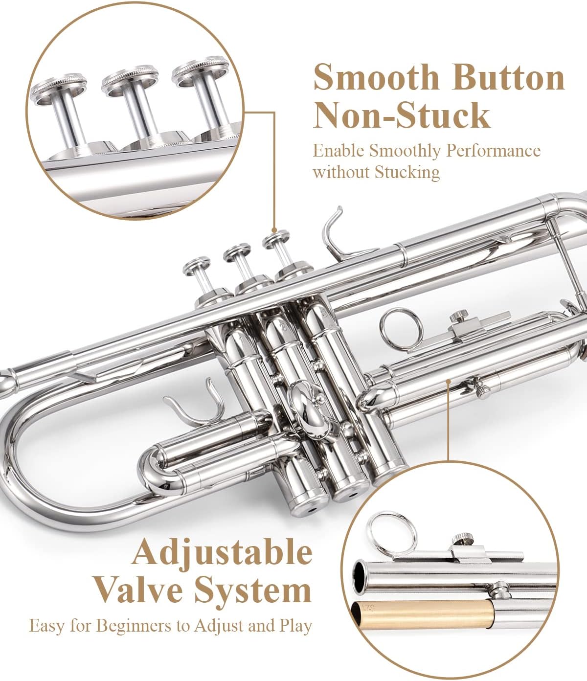 Eastar Bb Standard Trumpet Set for Beginner, Brass Student Trumpet Instrument with Hard Case, Cleaning Kit, 7C Mouthpiece and Gloves, ETR-380N, Silver