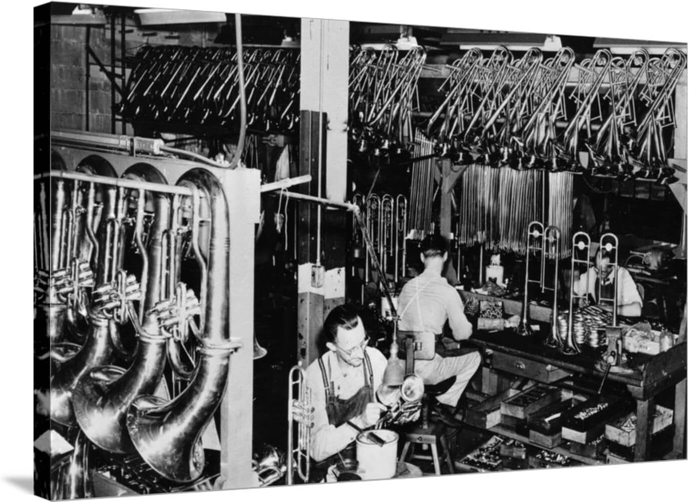 ART.COM Stretched Canvas Print Interior View of a Brass Instrument Factory, Tubas and Trombone by Lantern Press, 36