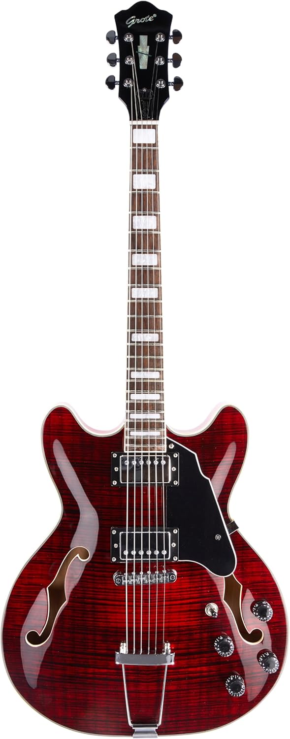 GROTE Jazz Electric Guitar Semi-Hollow Body Trapeze Tailpiece Bridge Guitar Gig Bag (RED)