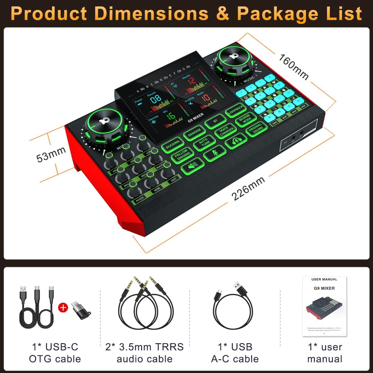 Tenlamp G9 Live Sound Card — Game audio mixer with built-in audio interface, compatible with smartphones and computers. Soundboard designed for live streaming and content creation.