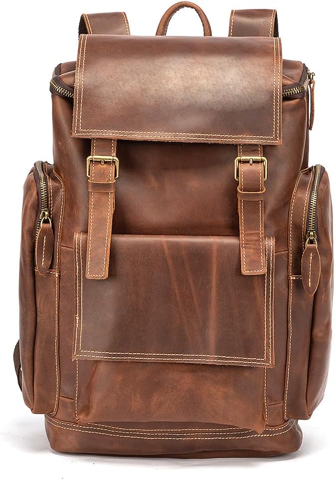 Large Capacity Retro Backpack Genuine Leather Backpack for Men Outdoor Travel Bag Casual Daypack Gifts for Men (Brown)