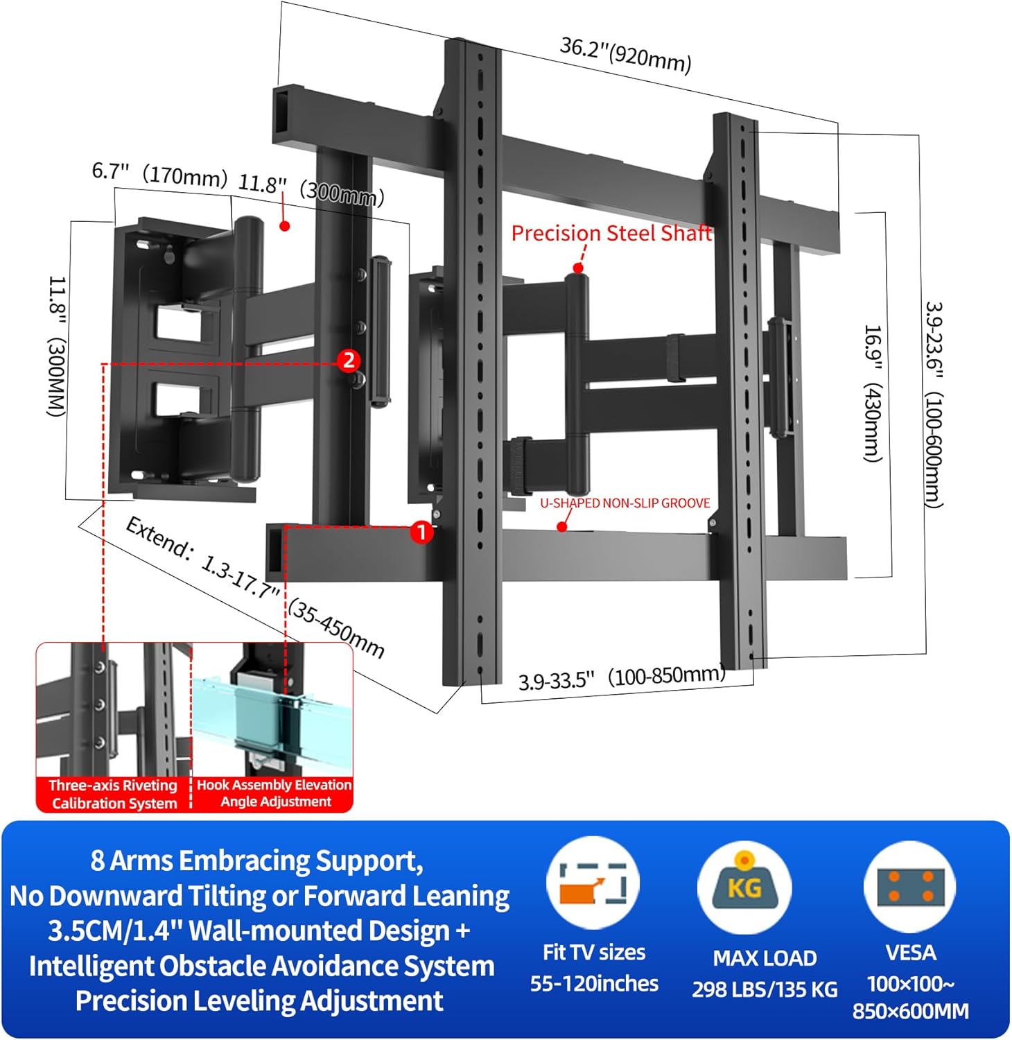 TV Wall Mount for 85 86 90 98 100 105 110 115 116 120 inch, Full Motion Corner TV Bracket for 55-120 inch LCD/LED/OLED Screen TVs Hold up to 298 lbs, Max VESA 800x600mm, Black, DY862