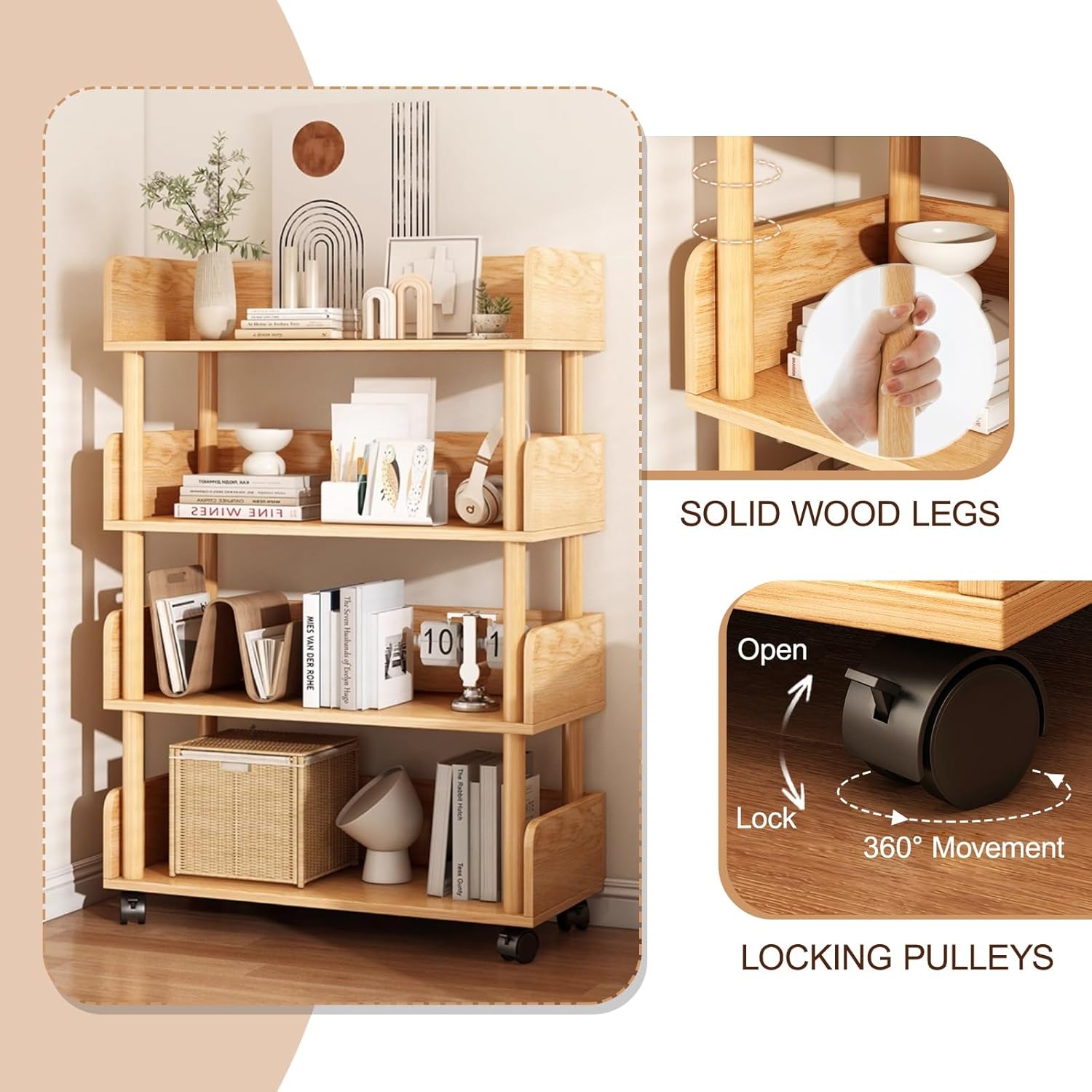 Rolling Book Cart with Wheels Mobile Bookshelf Modern Display Storage Shelf, Library Cart Storage Shelves for Small Space Corner Bedroom Office(White,60cm/23.6in)