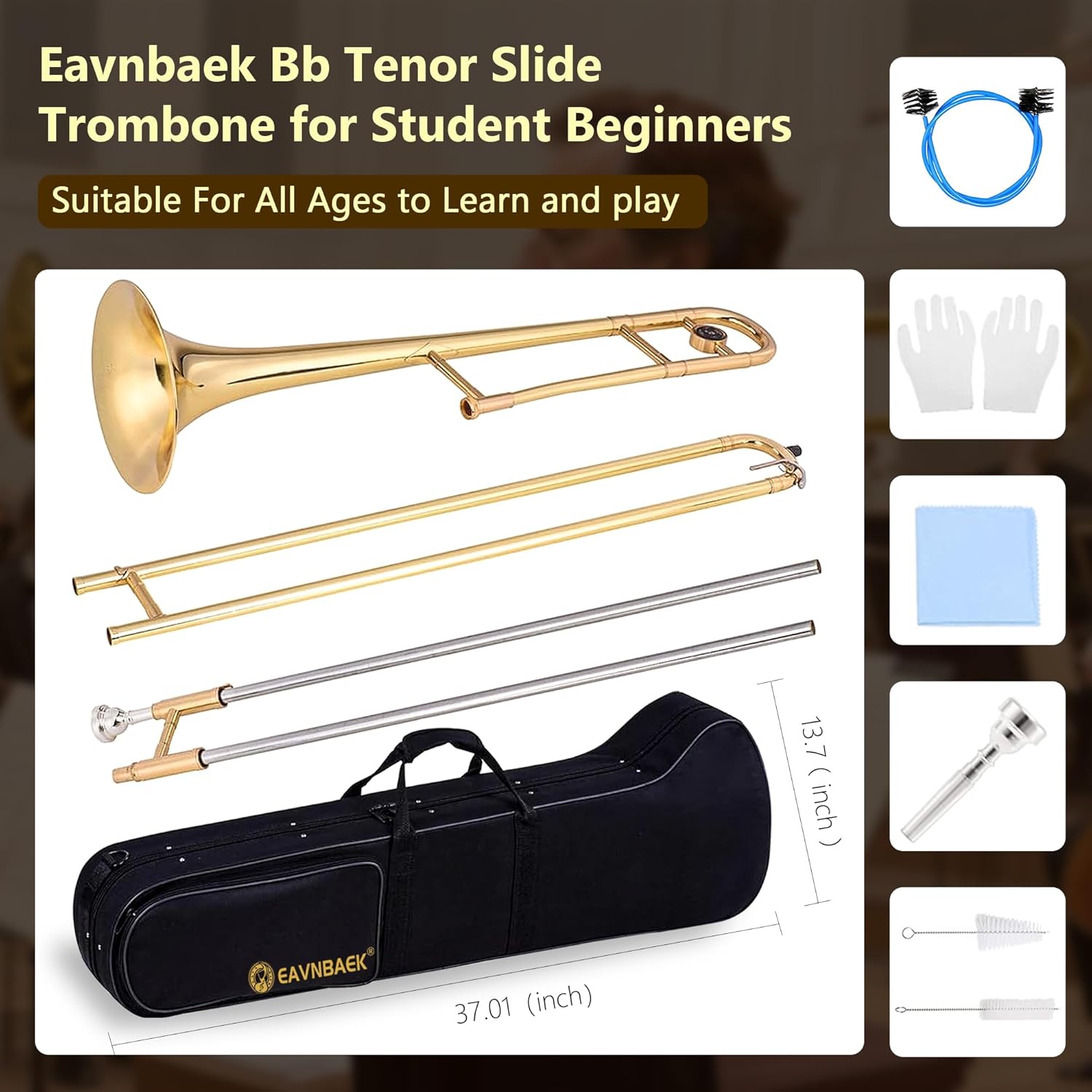 Bb Tenor Slide Trombone for Students Beginners, B Flat Brass Plated Trombone Instrument with Hard Case Mouthpiece White Gloves and Cleaning Kit (Gold)