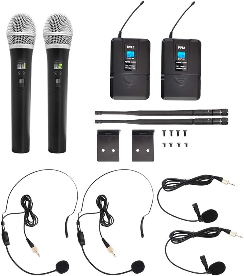 Pyle Upgraded Wireless Microphone System - 4-Channel UHF, Adjustable Frequency, Includes (2) Handheld Mics, (2) Beltpack Transmitters, (2) Lavalier Mics & (2) Headset Mics - PDWM4350U