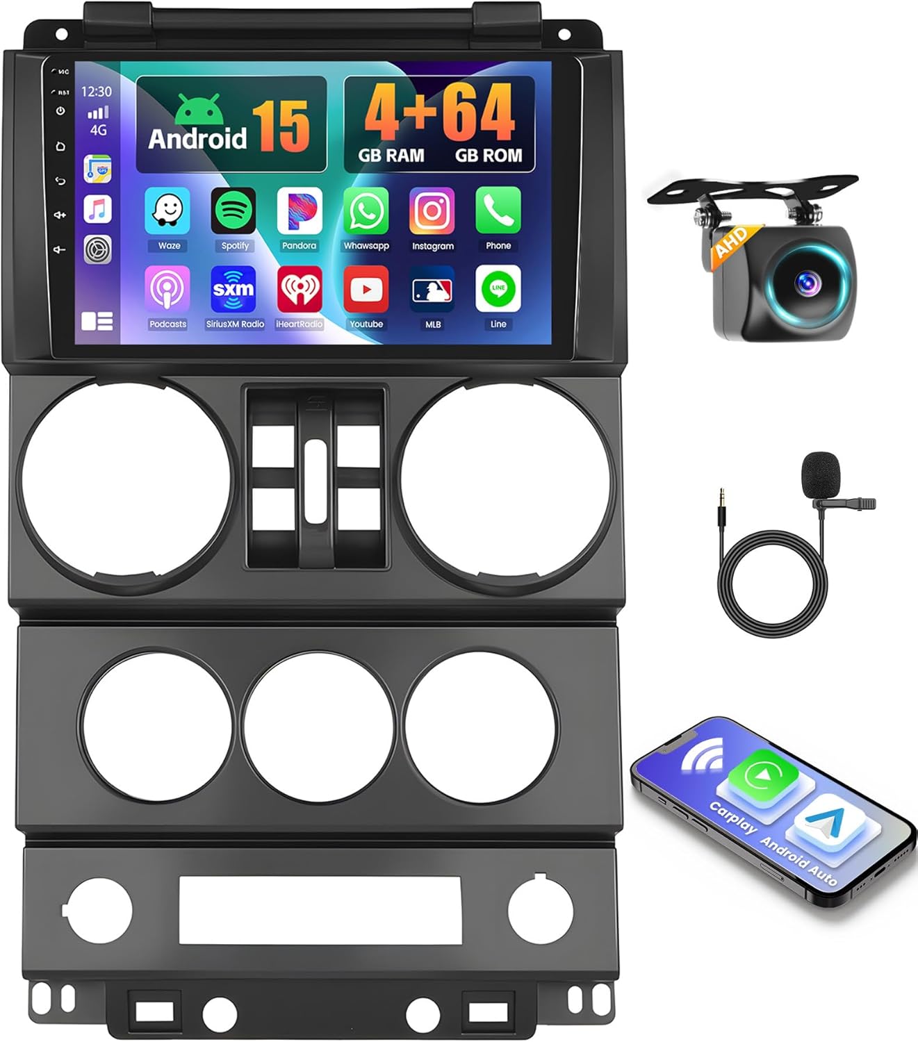 4+64G Car Stereo Radio for Jeep Wrangler (4 Doors) 2007-2010 with Wireless CarPlay Android Auto, 9 Inch Android Touchscreen for Jeep Wrangler Car Stereo with Bluetooth 5.0, FM/RDS, 32EQ, GPS, WiFi, UI