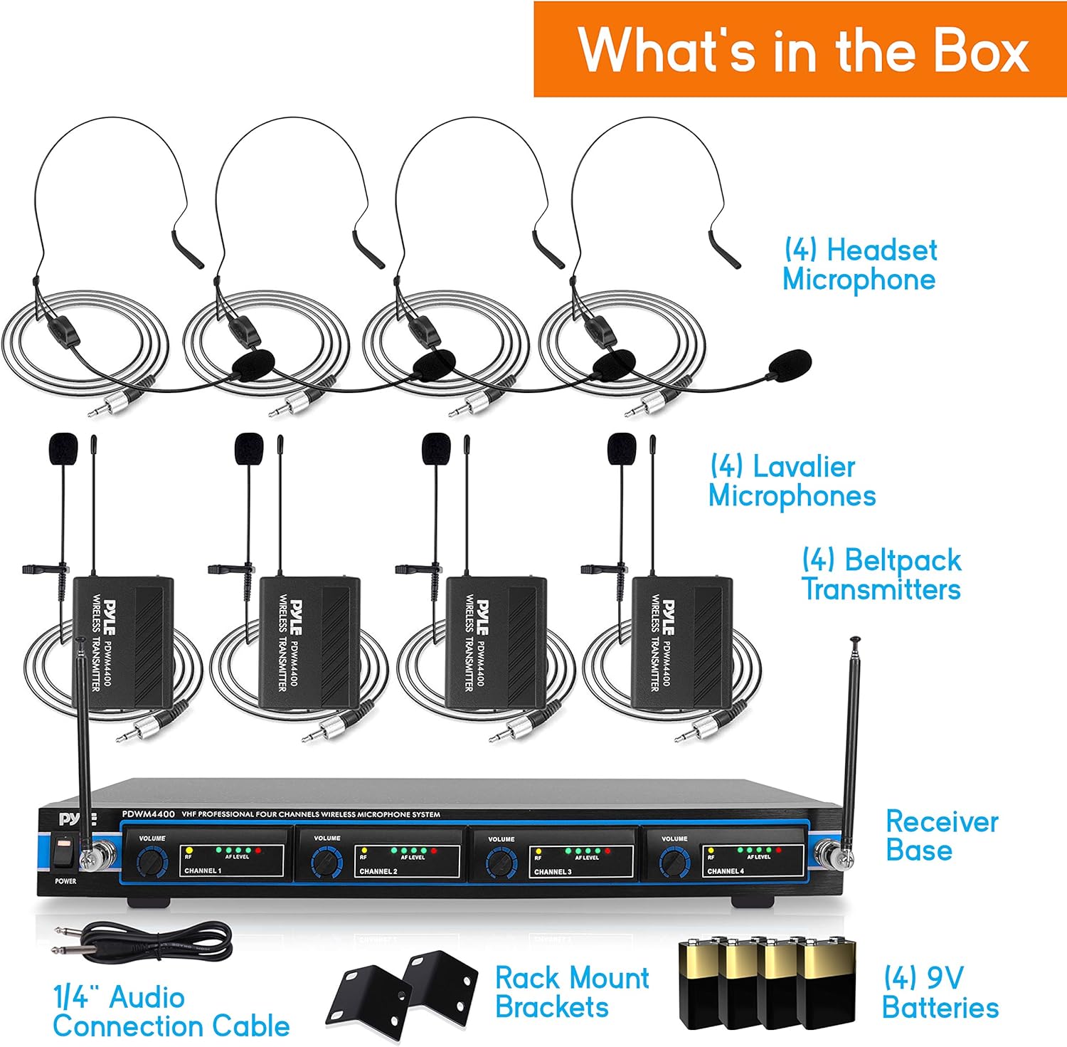 Pyle 4 Channel Wireless Microphone System - Professional VHF Audio Mic Set with 1/4