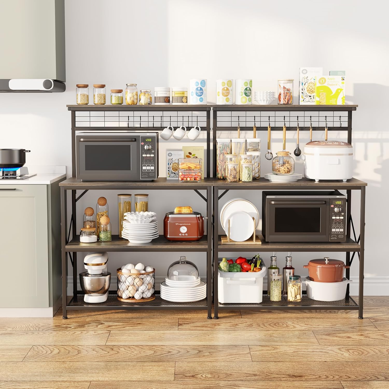 Furologee Kitchen Bakers Rack with Hutch,Coffee Stand with Storage 4 Tiers,Coffee Bar Station with a 31.5 Inch Larger Desktop and 8 S Hooks,Kitchen Microwave Rack for Spices,Pots,Rustic Brown