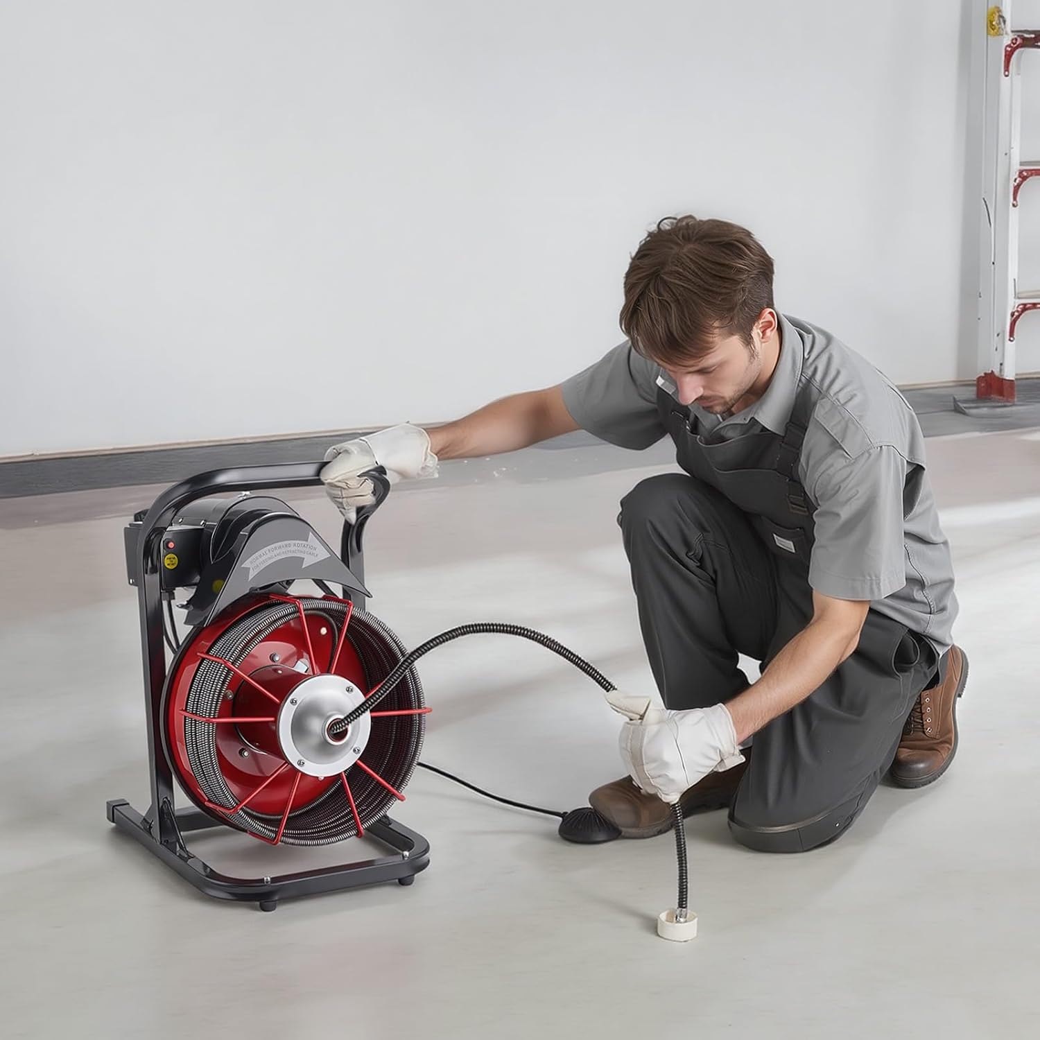 VEVOR Drain Cleaner Machine 50 FT x 1/2 Inch, Sewer Snake Auger Manual Feed with 4 Cutters & Air-activated Foot Switch for 2