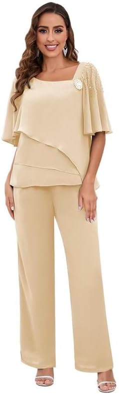 Mother of The Bride Pant Suits for Wedding - Chiffon Bead Formal Evening Outfit