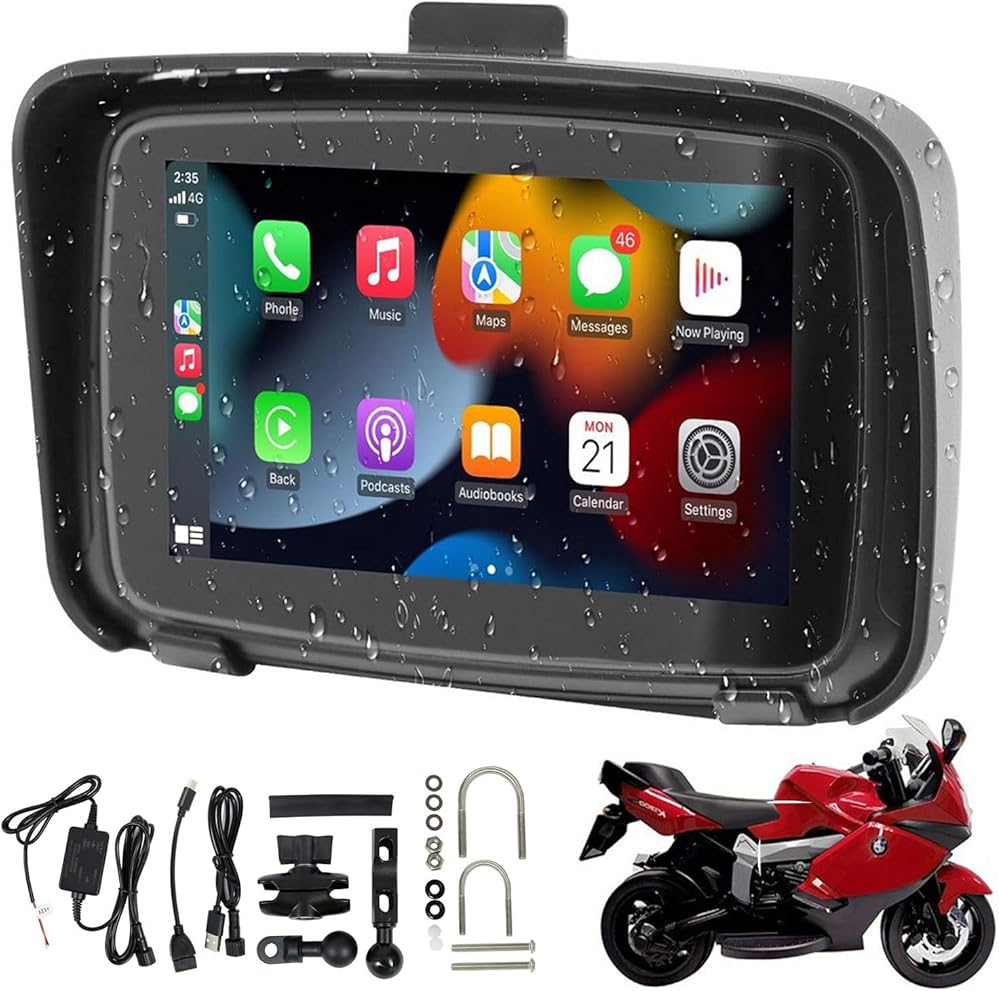 Sunweyer Portable Carplay Wireless Android Auto for Motorcycle,5 Inch IPX7 Waterproof Touchscreen,Auto GPS Navigation,5G Dual Bluetooth,Support Siri/Google Assistant