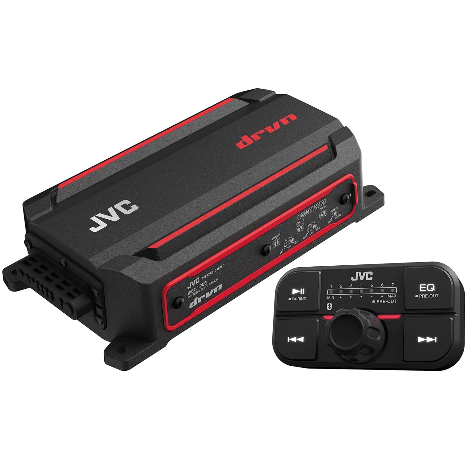 JVC KS-DR2104DBT Compact 4-Channel 600 Watt Car Amplifier with Bluetooth Streaming. Built for Marine, ATV and Powersport Applications. Waterproof, Dustproof, Rust Proof and Vibration Proof