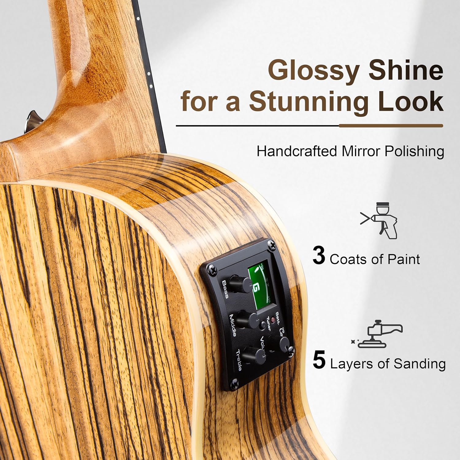 Caramel 30 inch CB103 Zebra wood High Gloss Baritone LCD color display Electric Ukulele Professional Ukelele Kit Beginner Travel Guitar Starter Pack Bundle, Padded Gig Bag, Strap Set