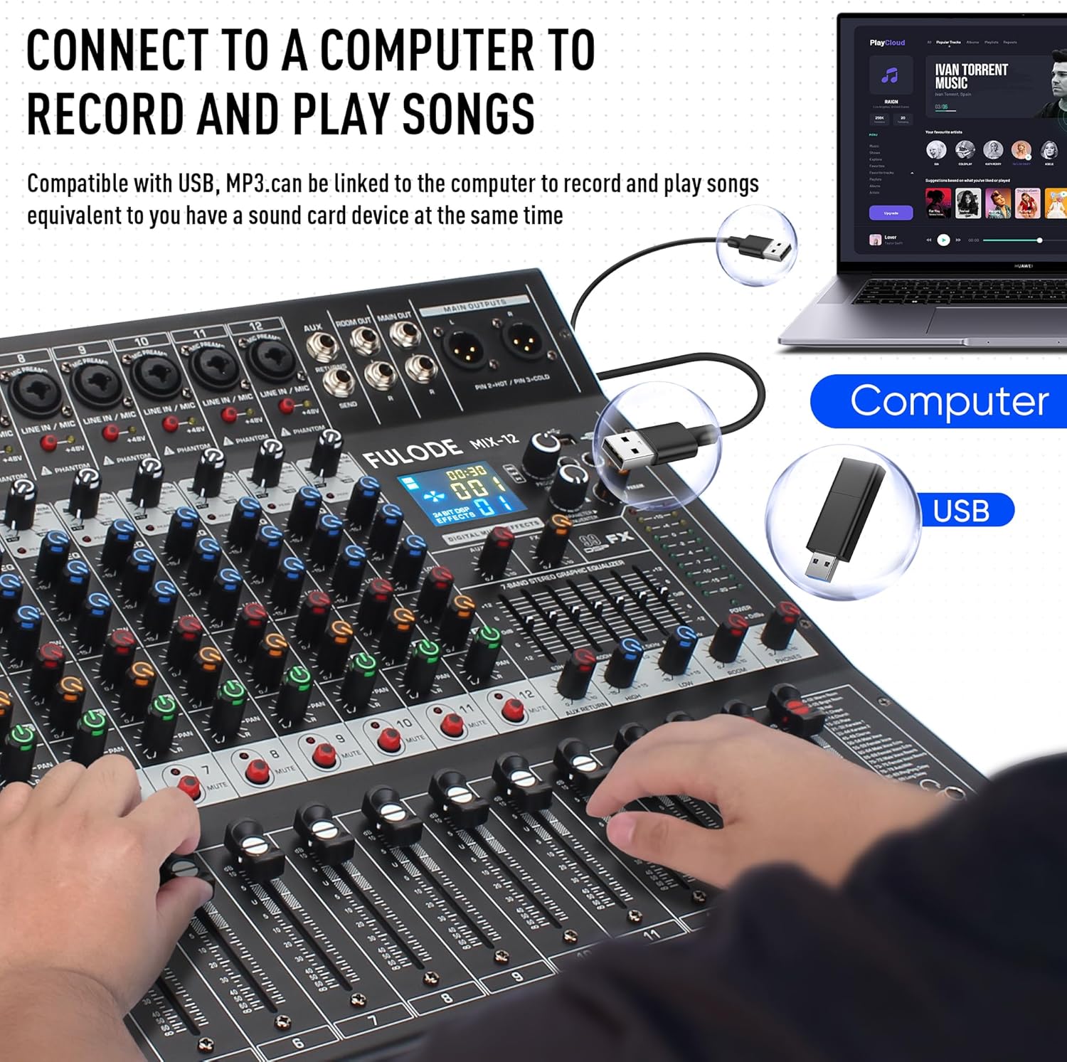 12-Channel Bluetooth Studio Audio Mixer 99 Bit DSP Digital Processor w/USB MP3 for PC Recording Input, XLR Microphone Jack, 48V Power, For Professional and Beginners DJ Mixer