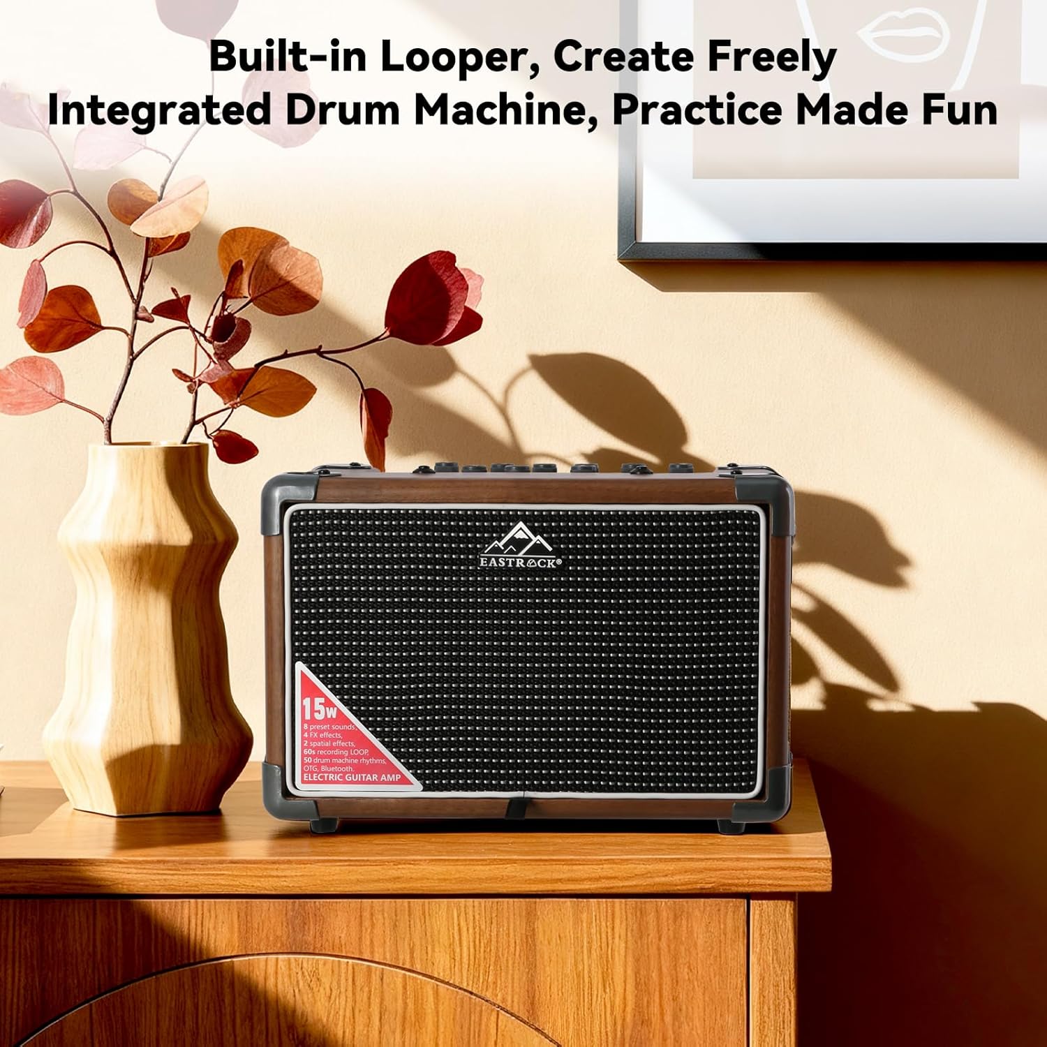 EASTROCK 15W Electric Guitar Amp, EGA-15W Portable Guitar Amplifier with Bluetooth, Built-in Looper & Drum Machine Speaker, AUX/OTG/Headphone, 8 Voices, FX Effects-Wood