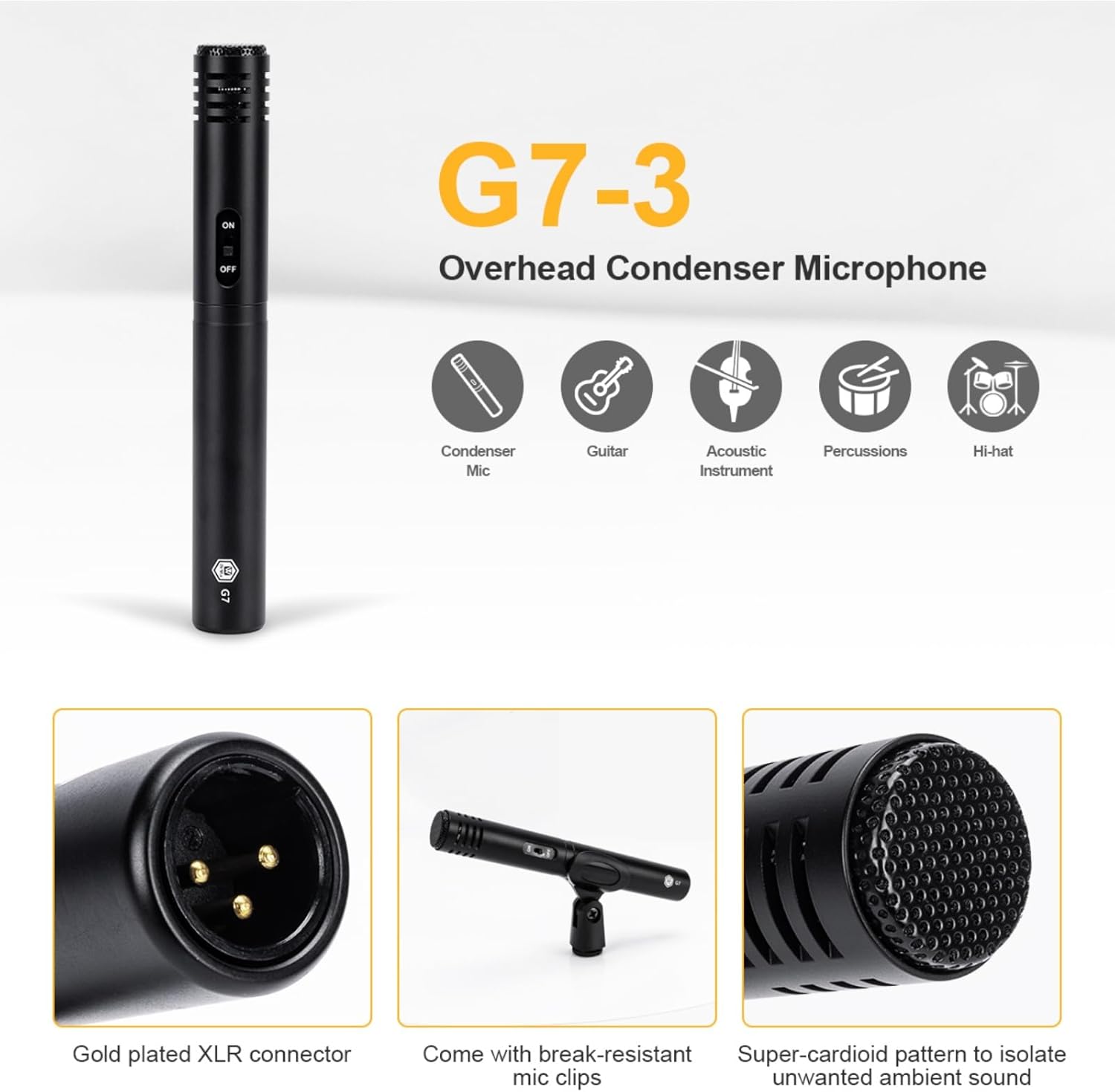 W IN-MIX G7 7-Piece Wired Dynamic Drum Mic Kit (Whole Metal)- Kick Bass, Tom/Snare & Cymbals Microphone Use for Drums, Vocal, Other Instrument Complete with Thread Clip, Mics Holder