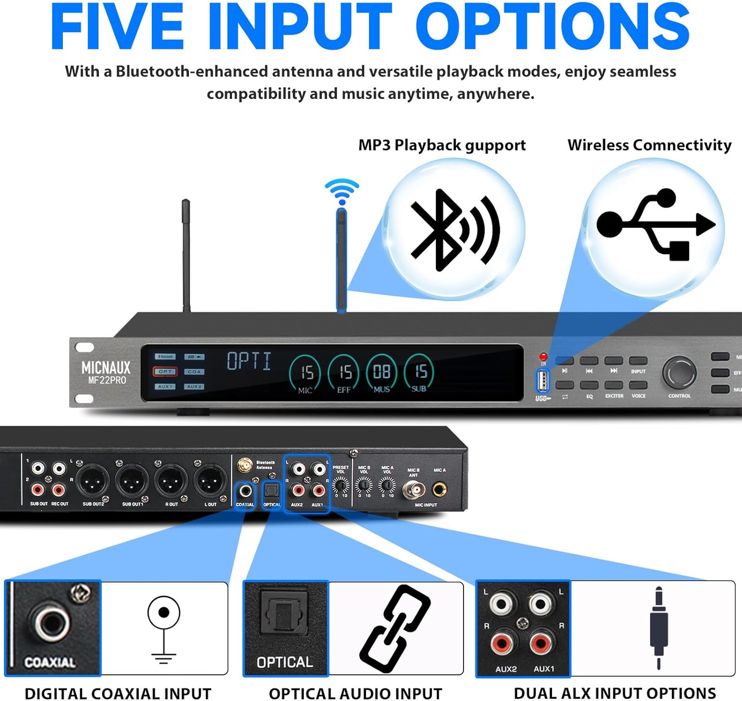 Digital Karaoke Processor KTV Mixer, Professional Pre-Stage Effector Audio Vocal Effects Processor Dual Wireless Microphones System with DSP Anti-Howling USB Bluetooth Optical Input (Silver)