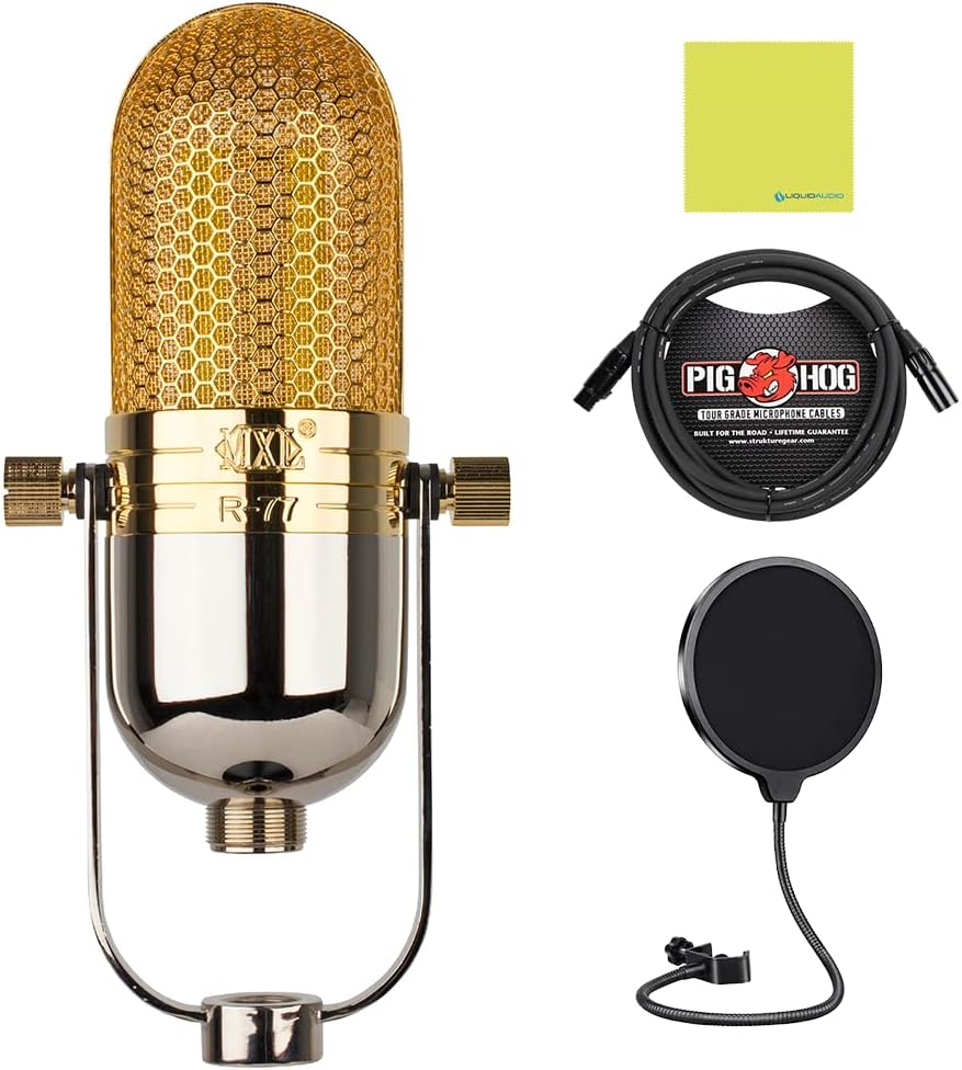 MXL R77 Professional Ribbon Microphone Bundle with Pop Filter, 10ft Pig Hog Mic Cable & Polishing Cloth – Warm Vintage Sound, Figure-8 Pattern, Traditional Yoke Mount for Studio & Broadcast