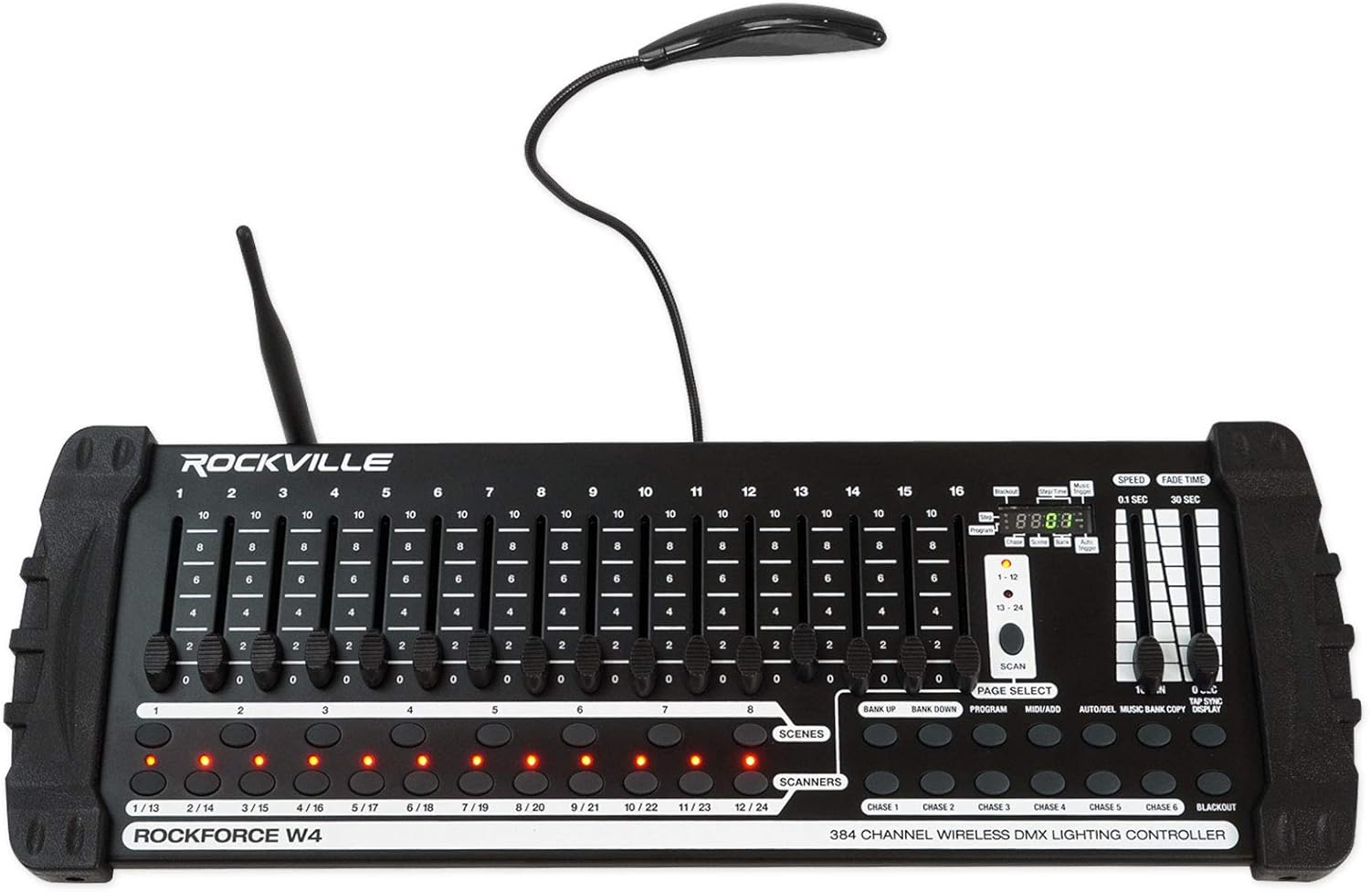 Rockville Best PAR 50 Bundle: (2) Rechargeable Par Can Wash Lights w/Wireless DMX, RGBWA+UV, ROCKFORCE W4 384-Channel Wireless DMX Lighting Controller, MIDI, 3-Items