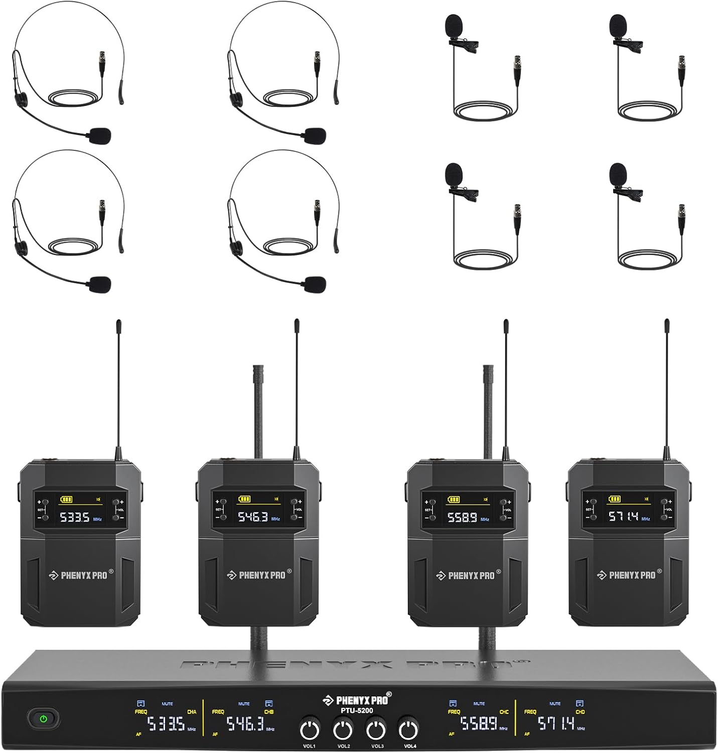 Phenyx Pro 4-Channel Wireless Mic Set PTU-5200-4B Bundled with 6 Ft Snake Cord
