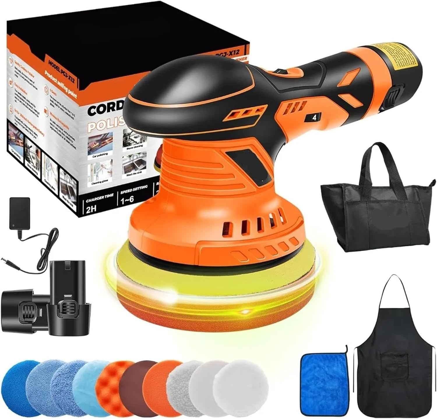 YPMart Cordless Buffer Polisher, 6 Inch Fast Charging Portable Car Polishing Kit with Batteries Polisher for Car Polishing Waxing for Car Boat Sanding Polishing Waxing