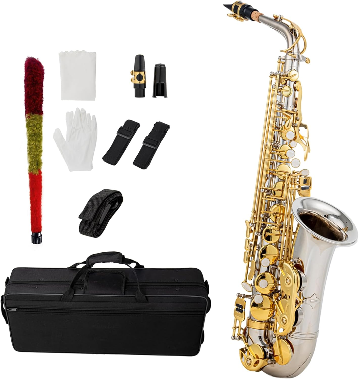 Eb Alto Saxophone Brass E Flat Sax 802 Key Type Woodwind Instrument with Cleaning Rod Cloth Gloves Strap Padded Case for Standard Student Beginner and Teacher