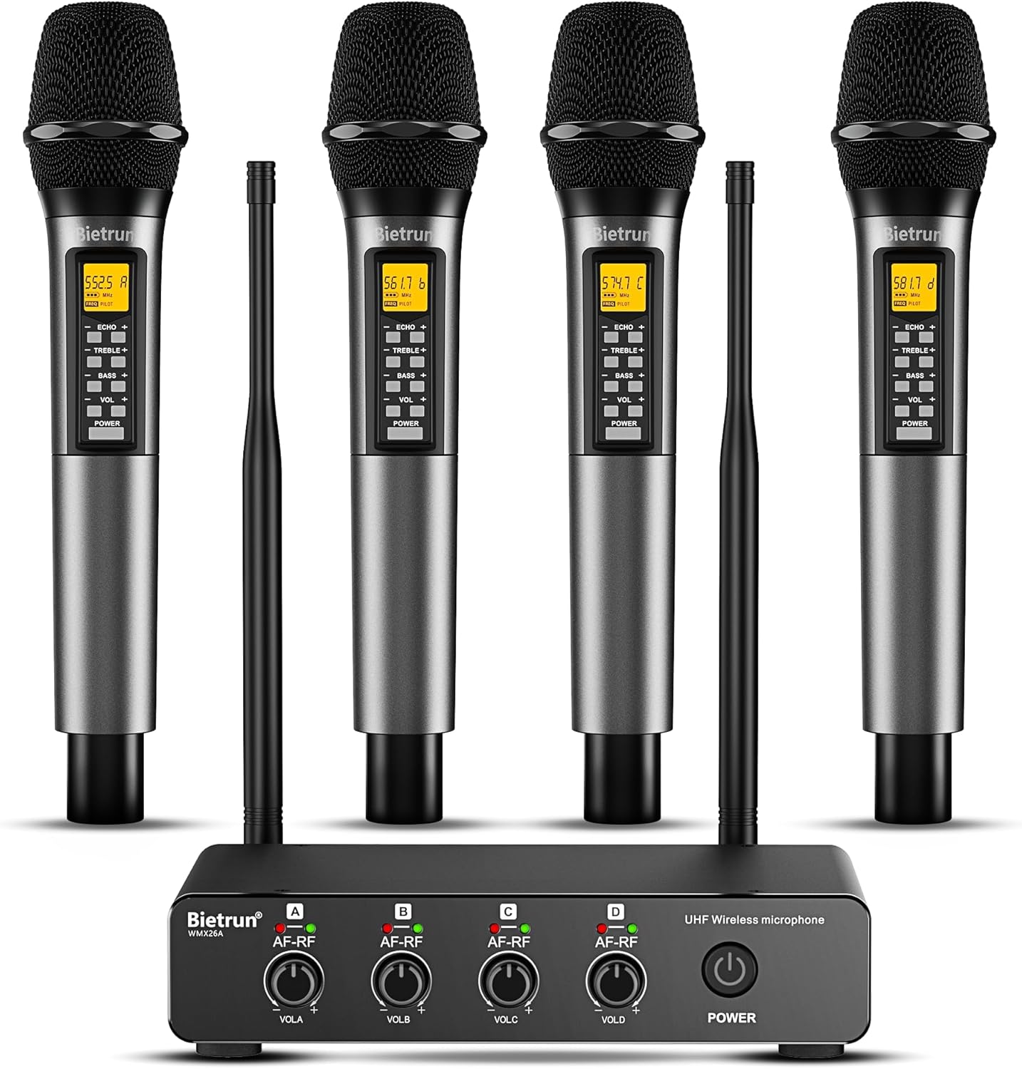 Bietrun 4 Channel Wireless Microphone with Echo/Treble/Bass, 160 ft UHF Range, 4 XLR+1/4‘’Output, Metal Cordless Handheld Dynamic Mics System for Wedding, Church, Karaoke, Singing, DJ(Auto Connect)
