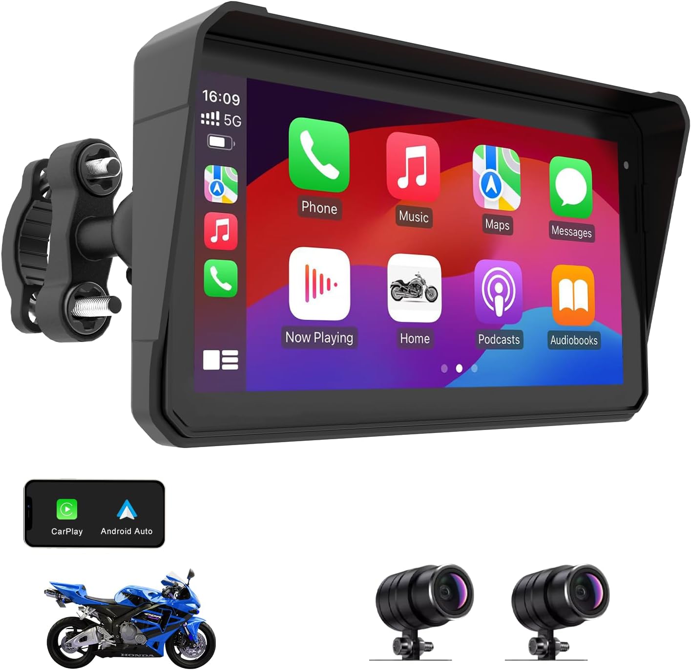 60Hz IPS Motorcycle Carplay Screen with 2K Dash Cam Front and Rear, Apple Carplay and Android Auto Display for Moto, 6