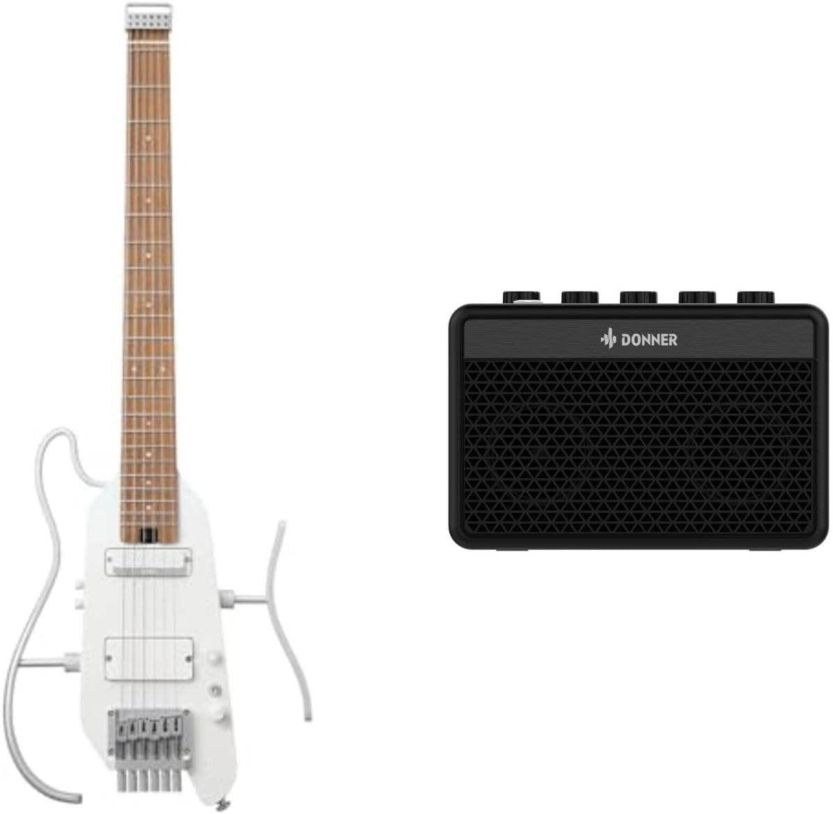 Donner HUSH X PRO Electric Guitar Kit - Smart Travel Guitar with Dozens of Preset Combinations, 7 Tone Sim Options, Metallic White and DA-10 Guitar Amp